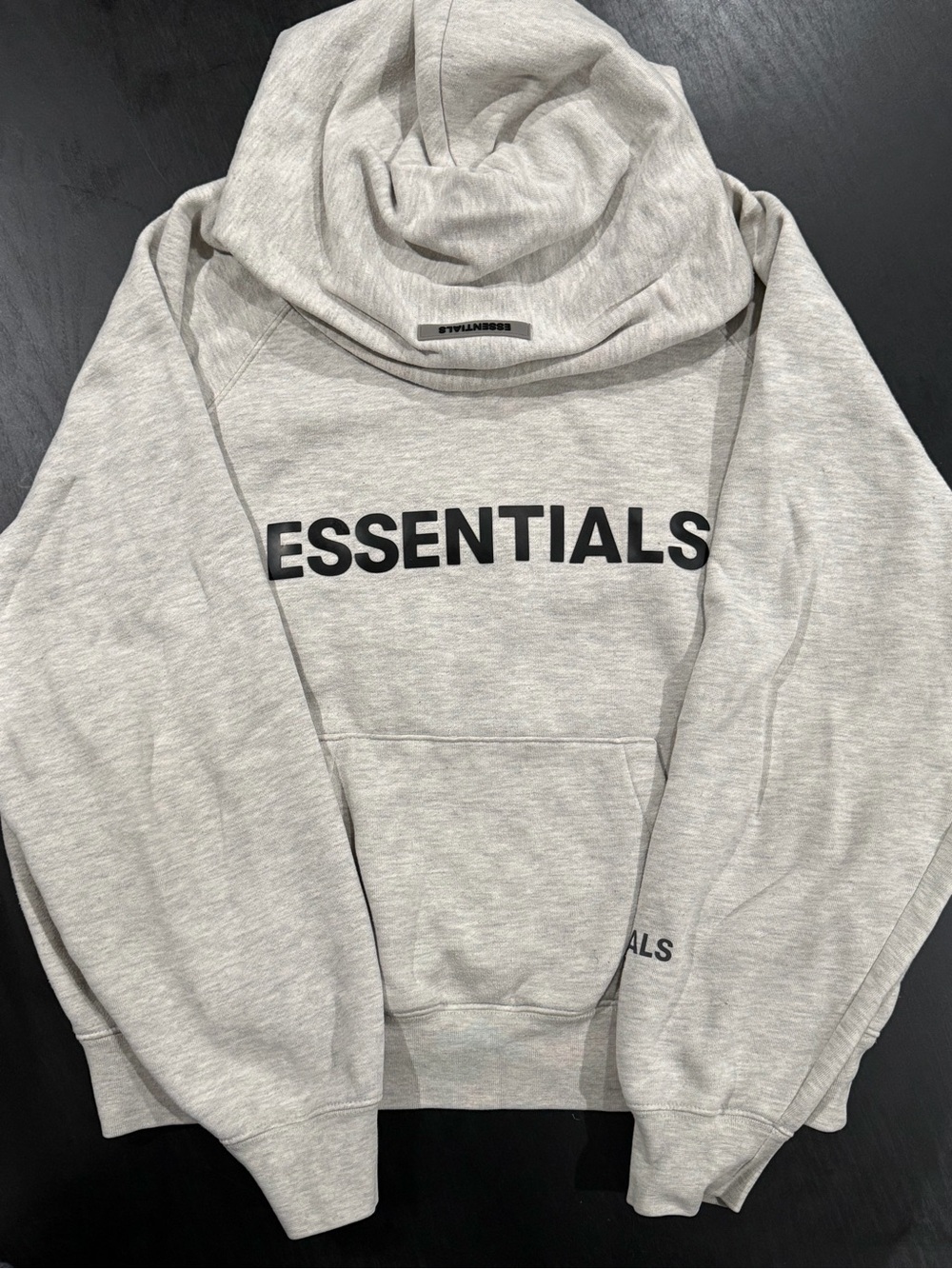 ESSENTIALS Light Gray Pullover Hoodie with Black Logo